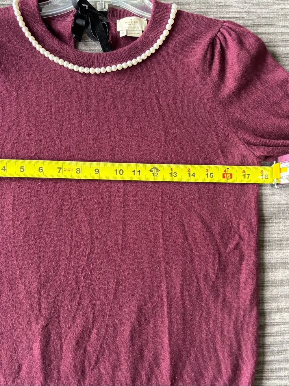 Kate Spade New York Pearl Embellished Velvet Bow Short Sleeve Sweater Burgundy M